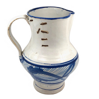 Large Hand-thrown Blue on White Stoneware Pitcher with Beautiful Staple Repair