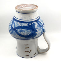 Large Hand-thrown Blue on White Stoneware Pitcher with Beautiful Staple Repair