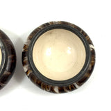 Salt Cellars, Pepper Shaker, Mustard Pot: James Macintyre Pottery "Agateware" Marbled Slipware Set, Staffordshire, c. 1860s