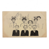 Ladies in Hats and Men with Large Ears, Fun Pen and Ink 1909 Hand-drawn Postcard