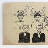 Ladies in Hats and Men with Large Ears, Fun Pen and Ink 1909 Hand-drawn Postcard