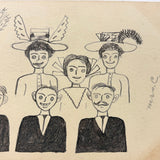 Ladies in Hats and Men with Large Ears, Fun Pen and Ink 1909 Hand-drawn Postcard