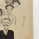 Ladies in Hats and Men with Large Ears, Fun Pen and Ink 1909 Hand-drawn Postcard