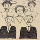 Ladies in Hats and Men with Large Ears, Fun Pen and Ink 1909 Hand-drawn Postcard