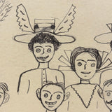 Ladies in Hats and Men with Large Ears, Fun Pen and Ink 1909 Hand-drawn Postcard