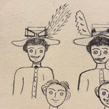 Ladies in Hats and Men with Large Ears, Fun Pen and Ink 1909 Hand-drawn Postcard