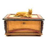 Charmer of a Old Folk Art Box with Carved Cat on Top and Figures at Corners