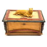 Charmer of a Old Folk Art Box with Carved Cat on Top and Figures at Corners