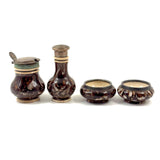 Salt Cellars, Pepper Shaker, Mustard Pot: James Macintyre Pottery "Agateware" Marbled Slipware Set, Staffordshire, c. 1860s