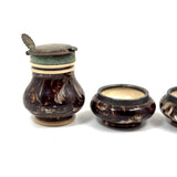 Salt Cellars, Pepper Shaker, Mustard Pot: James Macintyre Pottery "Agateware" Marbled Slipware Set, Staffordshire, c. 1860s