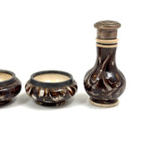Salt Cellars, Pepper Shaker, Mustard Pot: James Macintyre Pottery "Agateware" Marbled Slipware Set, Staffordshire, c. 1860s