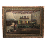 Adobe Interior with Woman Cooking and Stripes, 1929 Oil on Cardboard Painting, Signed