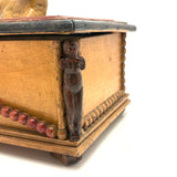 Charmer of a Old Folk Art Box with Carved Cat on Top and Figures at Corners