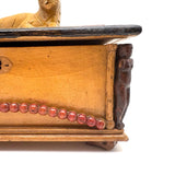 Charmer of a Old Folk Art Box with Carved Cat on Top and Figures at Corners