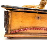 Charmer of a Old Folk Art Box with Carved Cat on Top and Figures at Corners