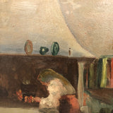 Adobe Interior with Woman Cooking and Stripes, 1929 Oil on Cardboard Painting, Signed