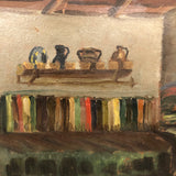 Adobe Interior with Woman Cooking and Stripes, 1929 Oil on Cardboard Painting, Signed