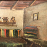 Adobe Interior with Woman Cooking and Stripes, 1929 Oil on Cardboard Painting, Signed