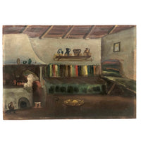 Adobe Interior with Woman Cooking and Stripes, 1929 Oil on Cardboard Painting, Signed