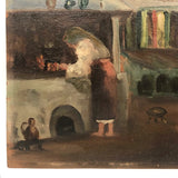 Adobe Interior with Woman Cooking and Stripes, 1929 Oil on Cardboard Painting, Signed