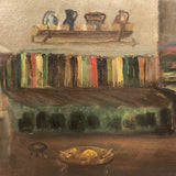 Adobe Interior with Woman Cooking and Stripes, 1929 Oil on Cardboard Painting, Signed