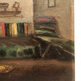 Adobe Interior with Woman Cooking and Stripes, 1929 Oil on Cardboard Painting, Signed