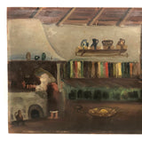 Adobe Interior with Woman Cooking and Stripes, 1929 Oil on Cardboard Painting, Signed