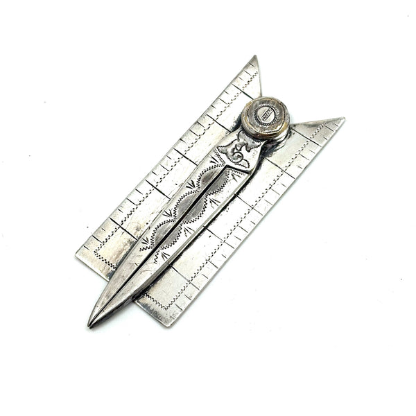 Scarce Hand-Engraved Silver Masonic "Senior Deacons" Folding Square and Compass