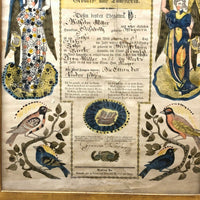 1843 Beautifully Hand-colored Pennsylvania Fraktur Marriage Certificate, Framed