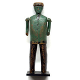 Curious c. Early 20th Century Carved Folk Art Man in Green and Black with Swinging Arms and Custom Base