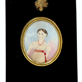 Very Naive Early 19th Century Folk Art Miniature Portrait of Girl with Coral Necklace (and Devil Horns!)