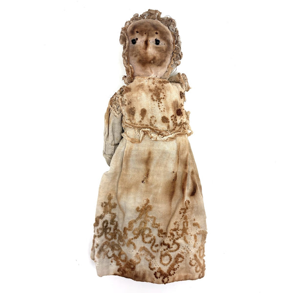 Very Soulful Antique Cork Stuffed Stocking Doll with Button Eyes and Embroidered Dress