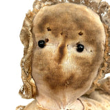 Very Soulful Antique Cork Stuffed Stocking Doll with Button Eyes and Embroidered Dress