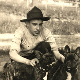 Beautiful Boy with Pair of French Bulldogs Antique Snapshot Photo
