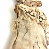 Very Soulful Antique Cork Stuffed Stocking Doll with Button Eyes and Embroidered Dress