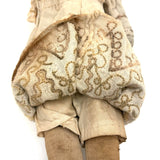 Very Soulful Antique Cork Stuffed Stocking Doll with Button Eyes and Embroidered Dress