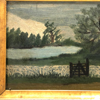 Landscape with Gate, Charming Old Folk Art Oil Painting in Gold Frame