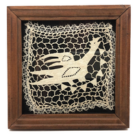 Very Fine Antique Needle Lace Crowing Bird, Framed 