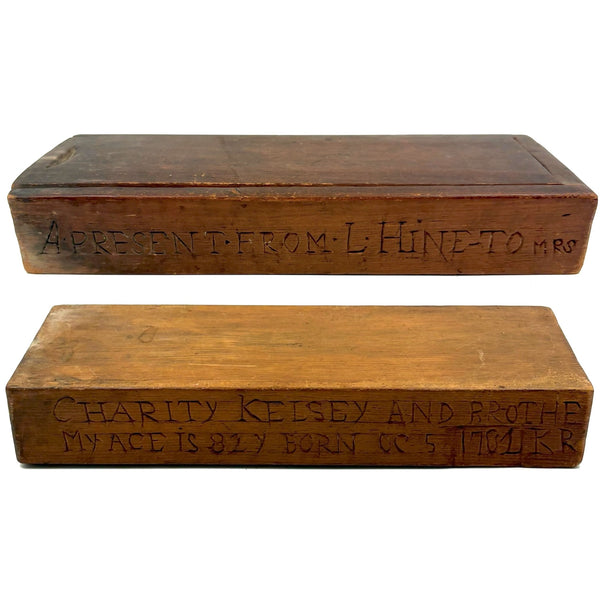 A Present from L. Hine, Age 82, to Mrs. Charity Kelsey, in 1863, Very Tender Carved Pine Slide Lid Box