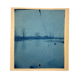 Glass Plate Crack Across Lonely, Flooded Rural Scene, Antique Cyanotype Printed from Broken Plate