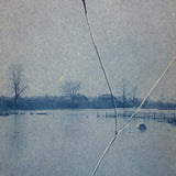 Glass Plate Crack Across Lonely, Flooded Rural Scene, Antique Cyanotype Printed from Broken Plate