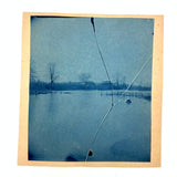 Glass Plate Crack Across Lonely, Flooded Rural Scene, Antique Cyanotype Printed from Broken Plate