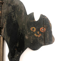 SOLD Early, Much Weathered Black Scare Cat on Iron Post Mounted to Wood