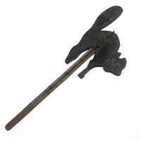 SOLD Early, Much Weathered Black Scare Cat on Iron Post Mounted to Wood