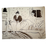 On the Couch, With Cat, Esther Pressoir Signed Ink/Ink Wash on Paper, 1930s