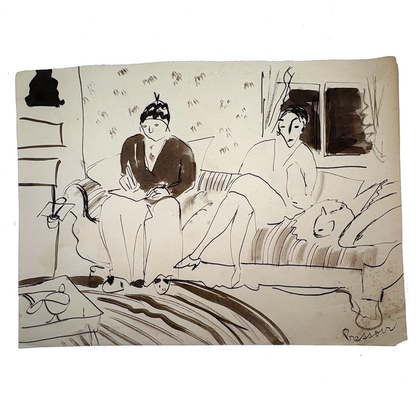 On the Couch, With Cat, Esther Pressoir Signed Ink/Ink Wash on Paper, 1930s
