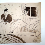 On the Couch, With Cat, Esther Pressoir Signed Ink/Ink Wash on Paper, 1930s