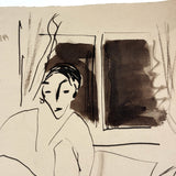 On the Couch, With Cat, Esther Pressoir Signed Ink/Ink Wash on Paper, 1930s