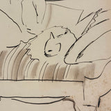 On the Couch, With Cat, Esther Pressoir Signed Ink/Ink Wash on Paper, 1930s