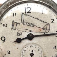 Flying Time (Stopped), Old Pocket Watch with Graphite and Watercolor Plane